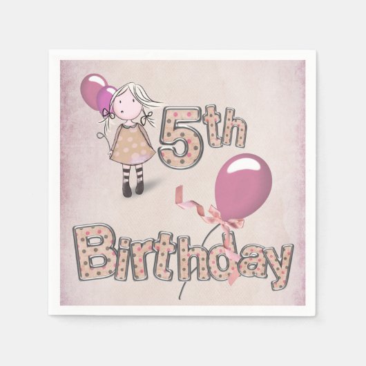 5歳の誕生日小さな女の子（バルーン付き） スタンダードカクテルナプキン (正面)