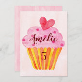 5歳の誕生日招待状 - ガールズの水彩カップケーキ 招待状 (正面/裏面)