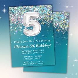 5歳の誕生日招待状 ティールシルバーグリッター 招待状