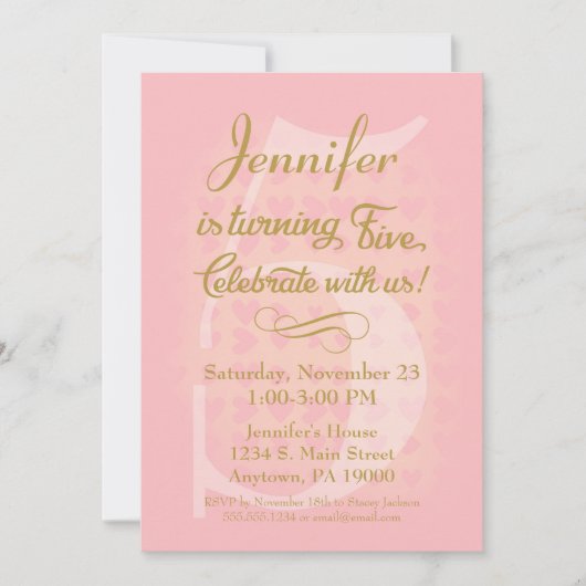 5歳の誕生日招待状 女の子 ピンク ゴールド ハート 招待状 (正面)