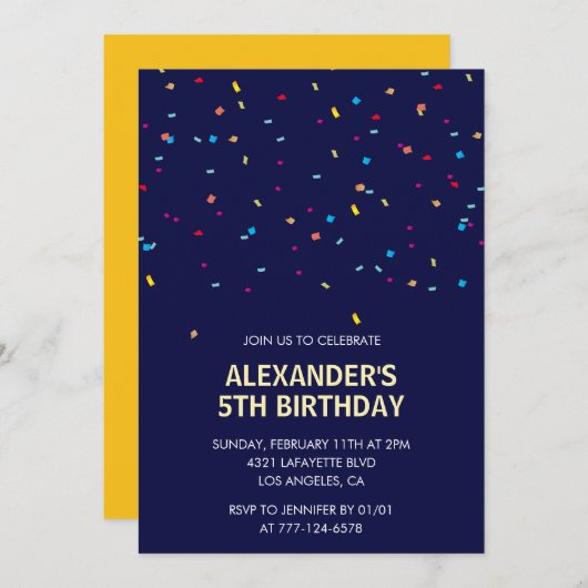 5歳の誕生日招待状 男の子 コンフェッティ モダン 招待状 (正面/裏面)