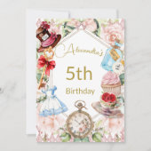 5歳の誕生日 アリス・イン・ワンダーランド ピンクの花 招待状 (正面)