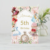 5歳の誕生日 アリス・イン・ワンダーランド ピンクの花 招待状 (スタンド正面)