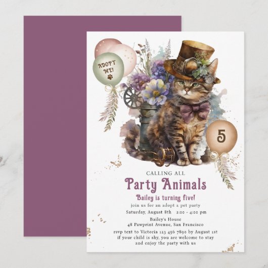 5歳の誕生日 スチームパンクの子猫の里親会パーティー 招待状 (正面/裏面)
