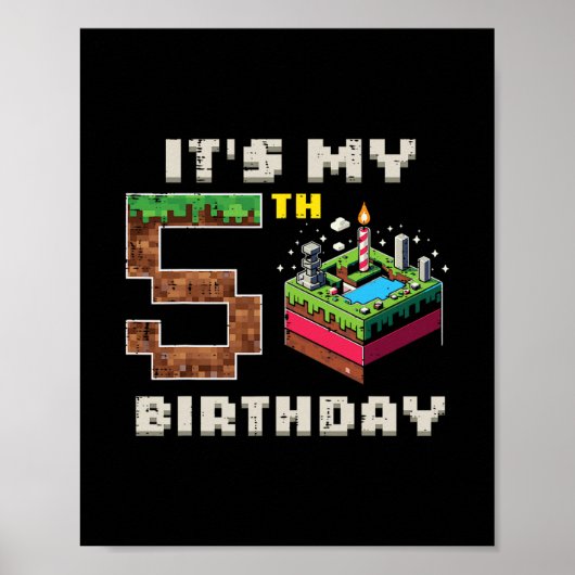 5歳の誕生日 ピクセルゲーム 5 ケーキ バビデオゲーム好きな少年たち ポスター (正面)
