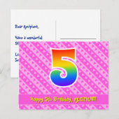 5歳の誕生日：ピンクのストライプとハート、虹色の5 ポストカード (正面/裏面)