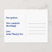 5歳の誕生日：ピンクのストライプとハート、虹色の5 ポストカード (裏面)