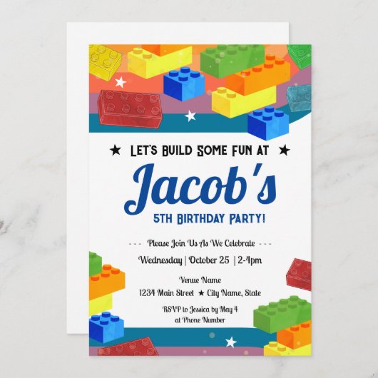 5歳の誕生日 ブロック遊びが楽しい 招待状 (正面/裏面)