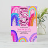5歳の誕生日 女の子 虹 ピンク 招待状 (スタンド正面)