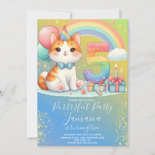 5歳の誕生日 子猫 レインボーパーティー 招待状 (正面)