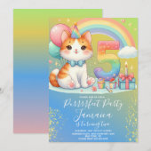 5歳の誕生日 子猫 レインボーパーティー 招待状 (正面/裏面)