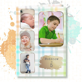 5歳の誕生日+彼のための4枚の写真コラージュ・チェック柄 カード