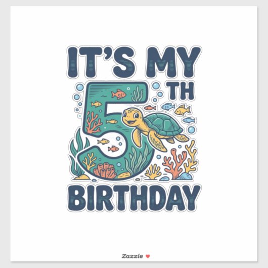 5歳の誕生日 海ガメ 水中ベクター デザイン_1 シール (シート)