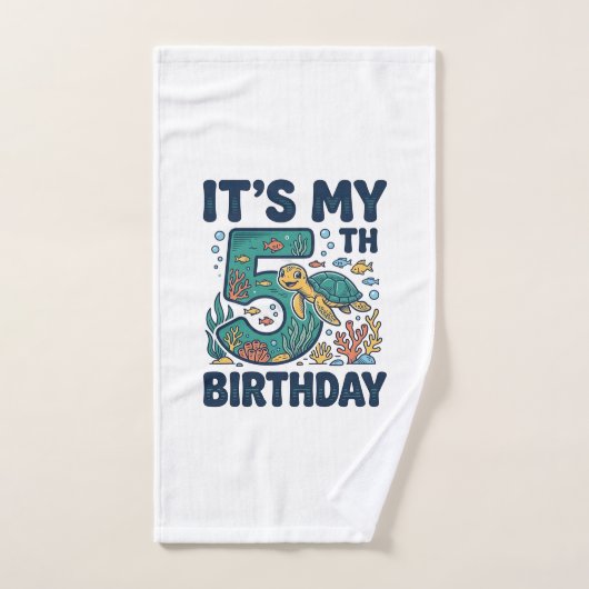5歳の誕生日 海ガメ 水中ベクター デザイン_1 ハンドタオル (ハンドタオル)