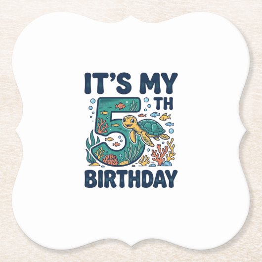 5歳の誕生日 海ガメ 水中ベクター デザイン_1 ペーパーコースター (正面)