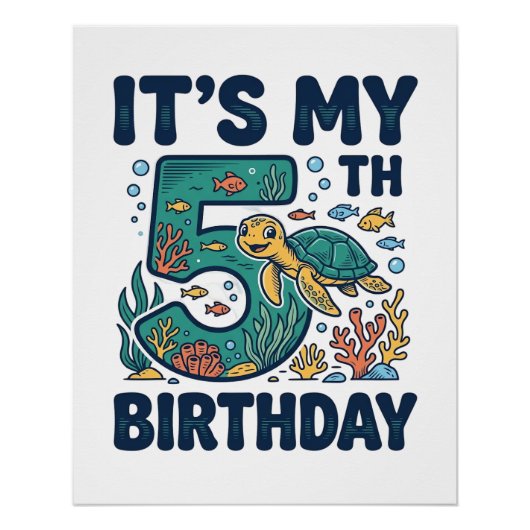 5歳の誕生日 海ガメ 水中ベクター デザイン_1 ポスター (正面)