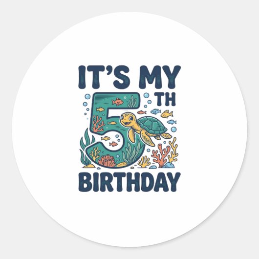 5歳の誕生日 海ガメ 水中ベクター デザイン_1 ラウンドシール (正面)