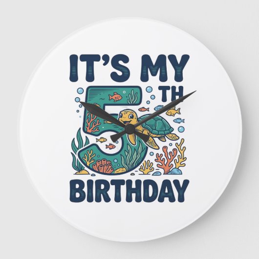 5歳の誕生日 海ガメ 水中ベクター デザイン_1 ラージ壁時計 (正面)