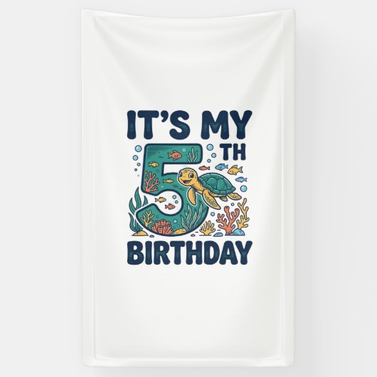 5歳の誕生日 海ガメ 水中ベクター デザイン_1 横断幕 (縦)