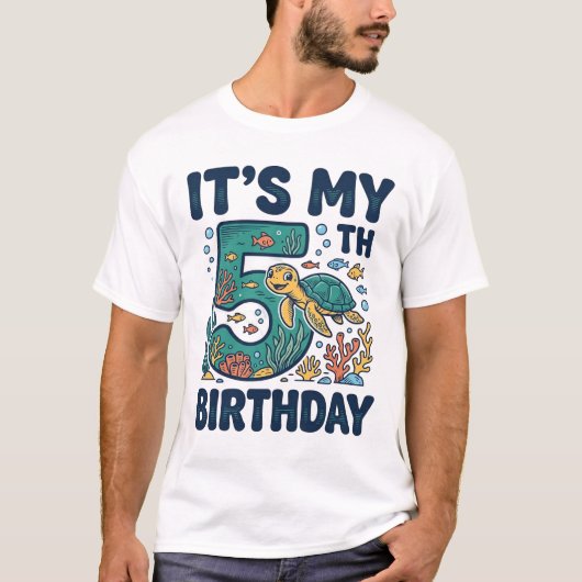 5歳の誕生日 海ガメ 水中ベクター デザイン_1 Tシャツ (正面)