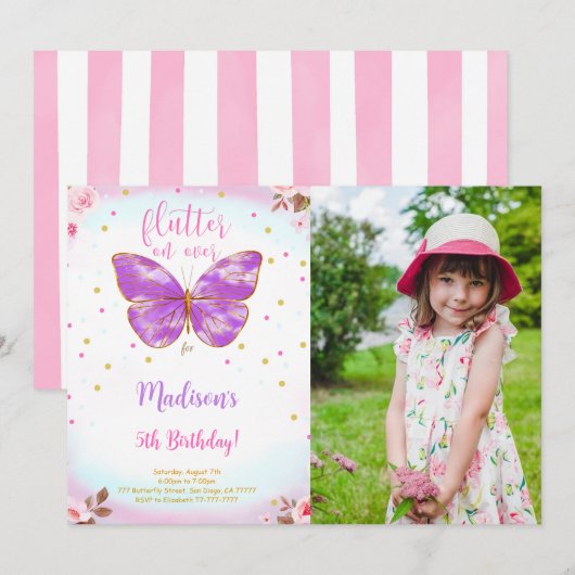 5歳の誕生日 蝶の写真 招待状 (正面/裏面)
