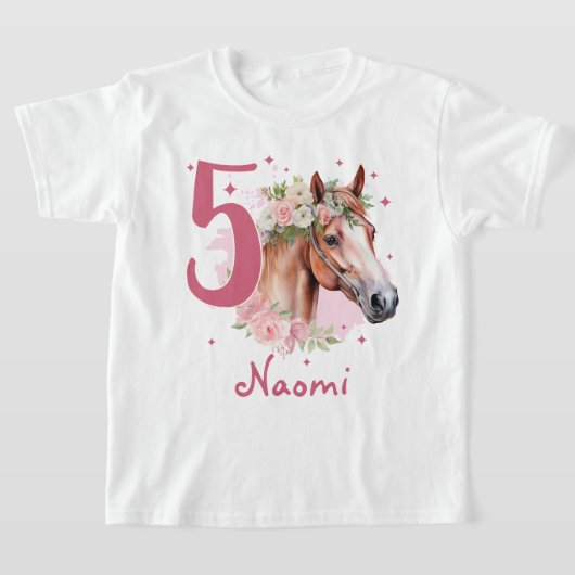 5歳の誕生日 馬 パステルピンク 5歳児 Tシャツ (レイダウン)