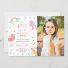5歳の魔法のユニコーン誕生日写真 招待状