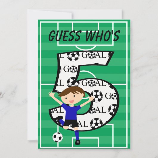 5歳誕生日 ブルーとブラックのサッカーゴールデザインv2 招待状 (正面)