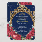 5歳誕生日 赤いバラの花の雪の白い金のフレーム 招待状 (正面/裏面)