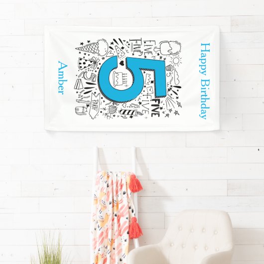 5歳5分のブルーの誕生日カード 横断幕 (インサイチュ)