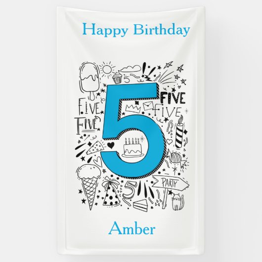 5歳5分のブルーの誕生日カード 横断幕 (縦)