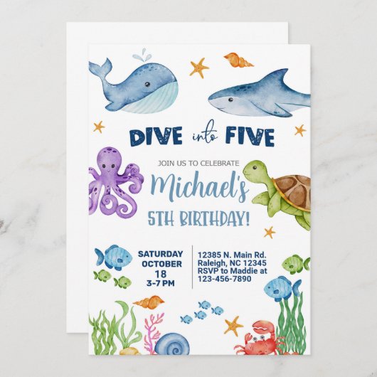 5男の子5歳の誕生日の海の生活招待状にダイビング。 招待状 (正面/裏面)
