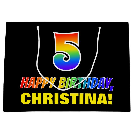 5番目の誕生日はっきりした:,おもしろい,シンプル虹, 5 ラージペーパーバッグ (正面)