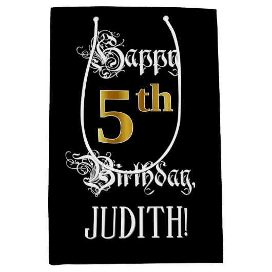 5番目の誕生日ファンシーからスクリプトフェイク;金ゴールド検索；名前 ミディアムペーパーバッグ (正面)