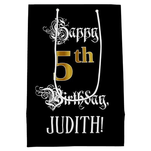 5番目の誕生日ファンシーからスクリプトフェイク;金ゴールド検索；名前 ミディアムペーパーバッグ (裏面)