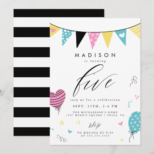 5番目の誕生日 |かわいいドードル誕生日パーティー 招待状 (正面/裏面)