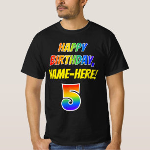 5番目の誕生日:はっきりした、おもしろい、レインボー5、名前をカスタムする Tシャツ