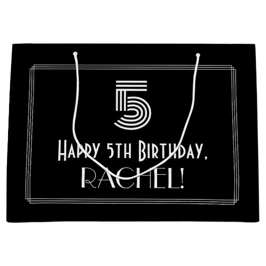5番目の誕生日:インスパイアアールデコの「5」の外観と名前 ラージペーパーバッグ (正面)