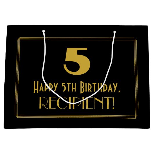 5番目の誕生日:インスパイアアールデコの「5」の外観と名前 ラージペーパーバッグ (正面)