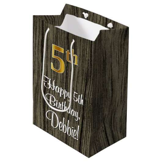 5番目の誕生日:エレガントフェイク金ゴールドの外観#、フェイク木材 ミディアムペーパーバッグ (正面アングル)