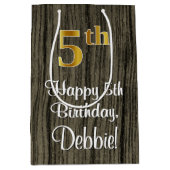 5番目の誕生日:エレガントフェイク金ゴールドの外観#、フェイク木材 ミディアムペーパーバッグ (正面)