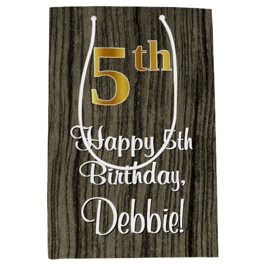 5番目の誕生日:エレガントフェイク金ゴールドの外観#、フェイク木材 ミディアムペーパーバッグ (正面)