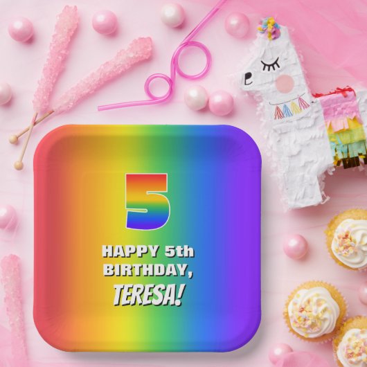 5番目の誕生日: カラフル、おもしろいレインボーパターン# 5 ペーパープレート (パーティー)