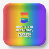 5番目の誕生日: カラフル、おもしろいレインボーパターン# 5 ペーパープレート (正面)