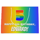5番目の誕生日: カラフル、おもしろいレインボーパターン# 5 ラージペーパーバッグ (正面)