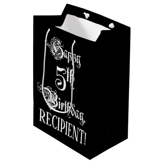 5番目の誕生日: ファンシー、スクリプエレガントト+名前をカスタムする ミディアムペーパーバッグ (正面アングル)