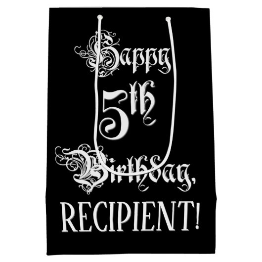 5番目の誕生日: ファンシー、スクリプエレガントト+名前をカスタムする ミディアムペーパーバッグ (裏面)