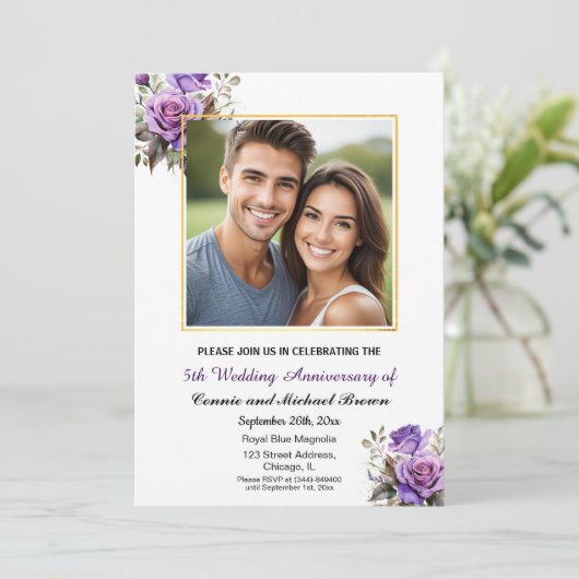 5結婚周年記念金ゴールド枠パープルバラ 招待状 (スタンド正面)