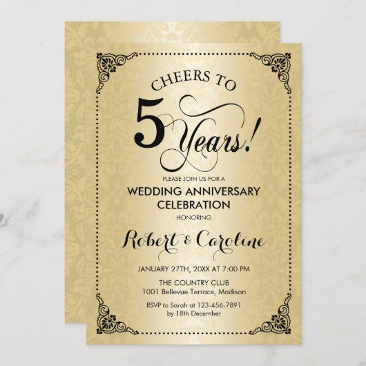 5結婚周年記念 – ブラック金ゴールドダマスク 招待状 (正面/裏面)