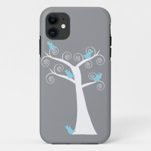 5羽の青い鳥が木の箱に iPhone 11 ケース